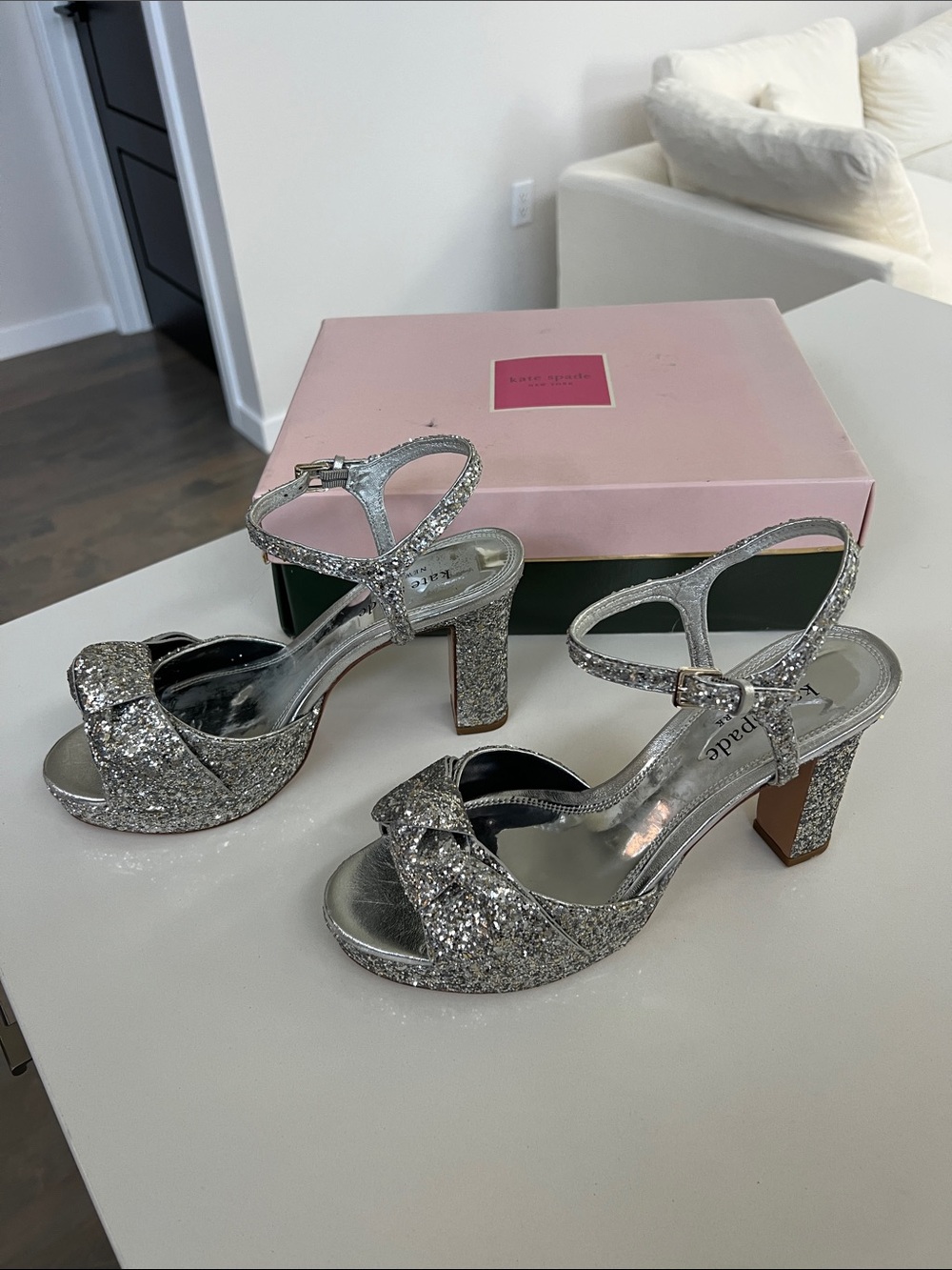 Kate Spade new york miya silver gold sparkly glitter open toe knotted heels 9.5